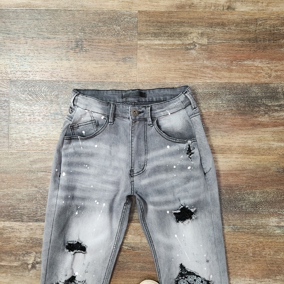 KDNK Destroyed Gray Denim Black Threading Bandana Patch Accent Design - Picture 2 of 8